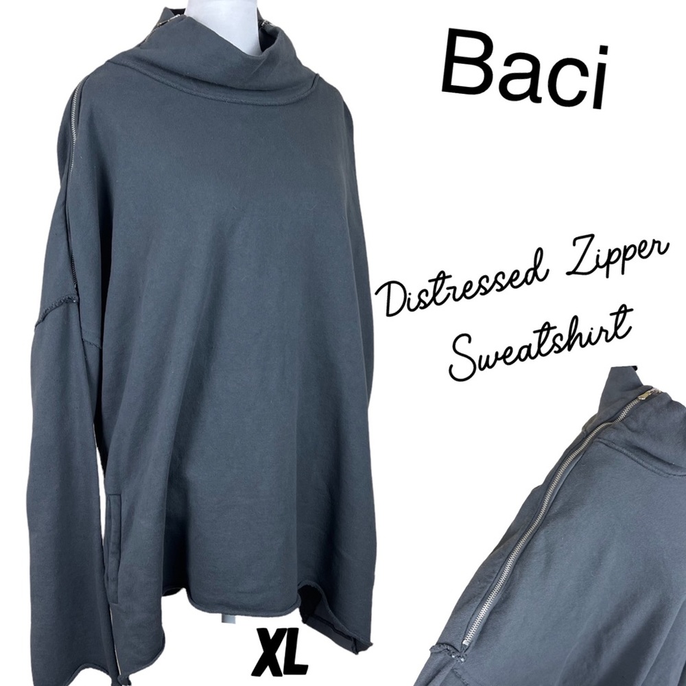 Baci Women's Gray Distressed Zipper Accent Pullover Sweatshirt XL